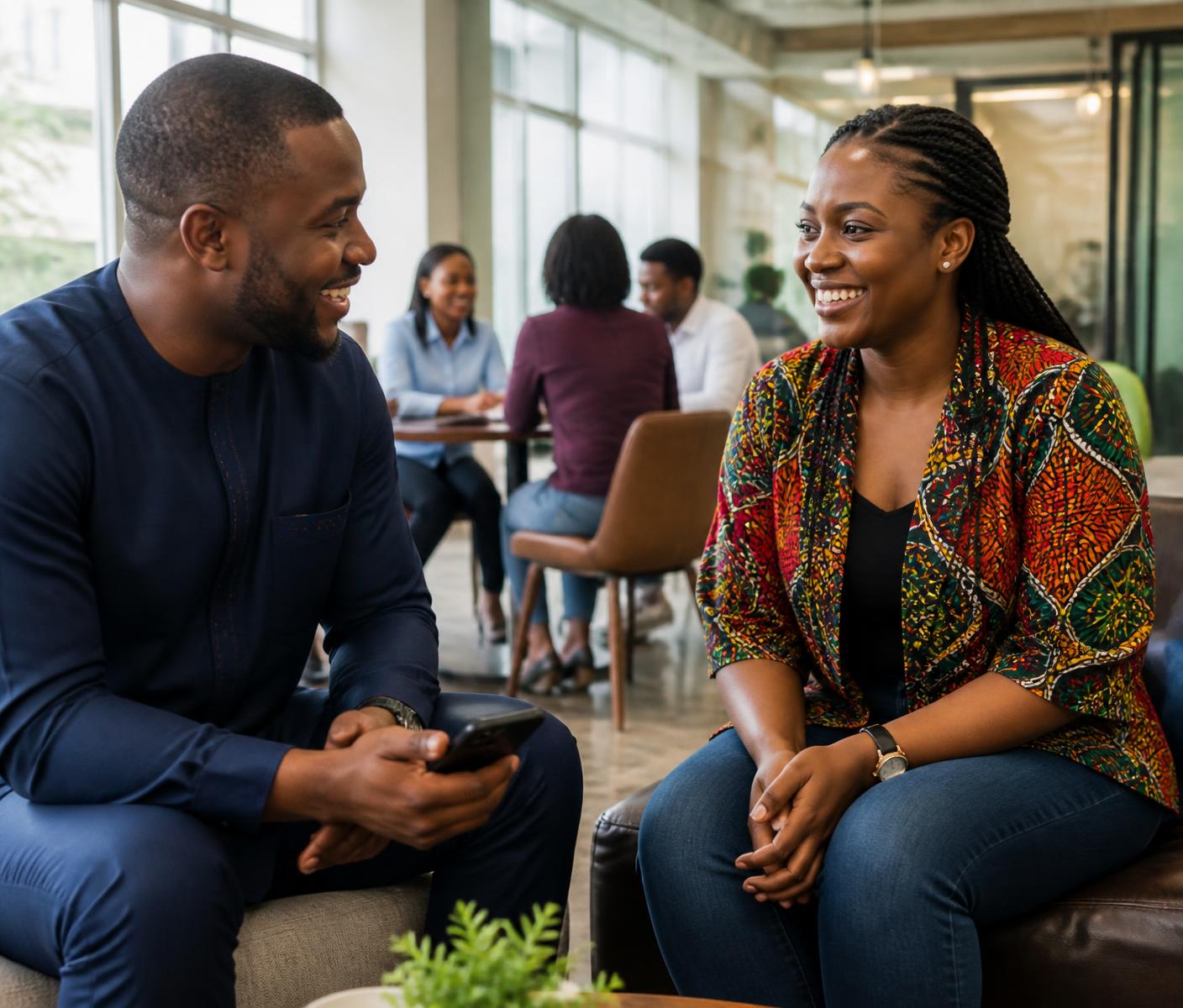 Two Nigerian professionals having a warm conversation in a bright workspace