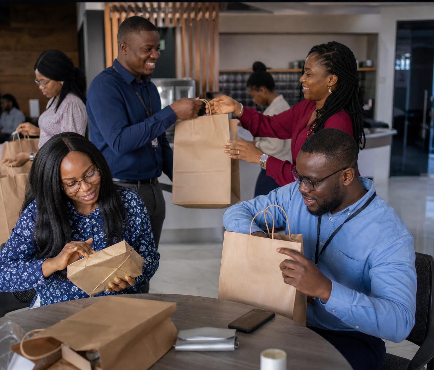 A Nigerian group receiving neatly packaged meals at an organised gathering